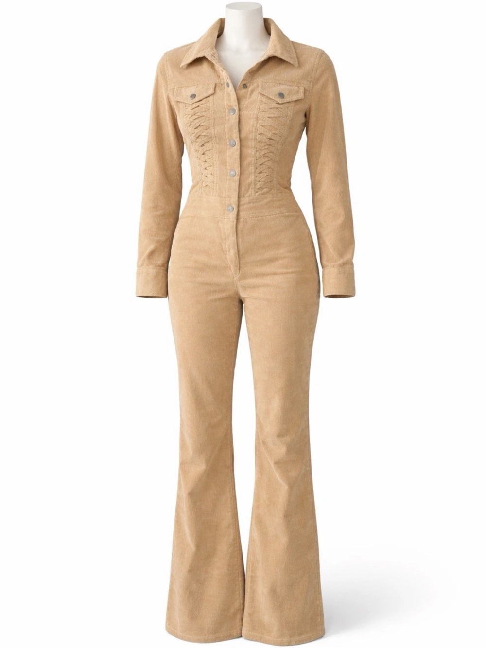 Jennifer Lopez Tan Corduroy Button-Front Jumpsuit